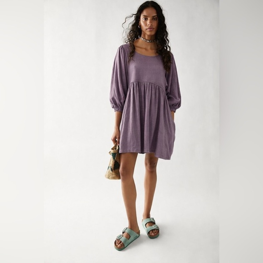 Free People Obsessed Babydoll Dress Purple Long Sleeve Open Back Size Small‎